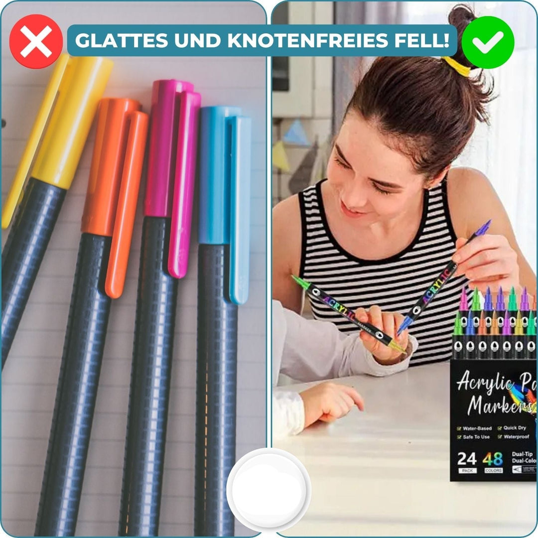 Nahaufnahme der Doppelspitze eines InkGlow Acrylmarkers. Präzise Zeichenstifte für feine Details & breite Flächen.