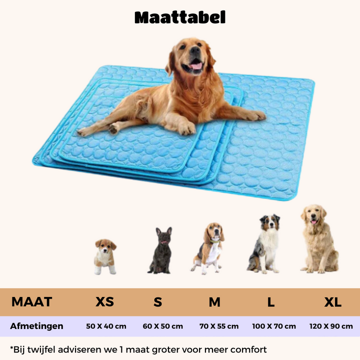 Erfrischende Hundekühlmatte mit Wassertropfen. Bietet 4x effektivere Abkühlung für Hunde im Sommer.