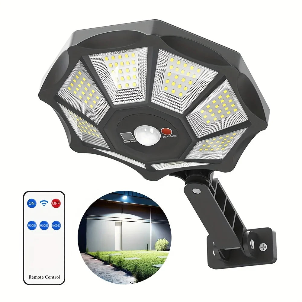 Intelligente 360° Solarleuchte mit Bewegungsmelder und Fernbedienung für Außenbereich und Garten.