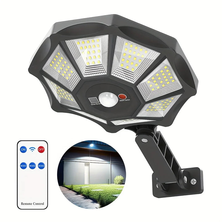 Intelligente 360° Solarleuchte mit Bewegungsmelder und Fernbedienung für Außenbereich und Garten.