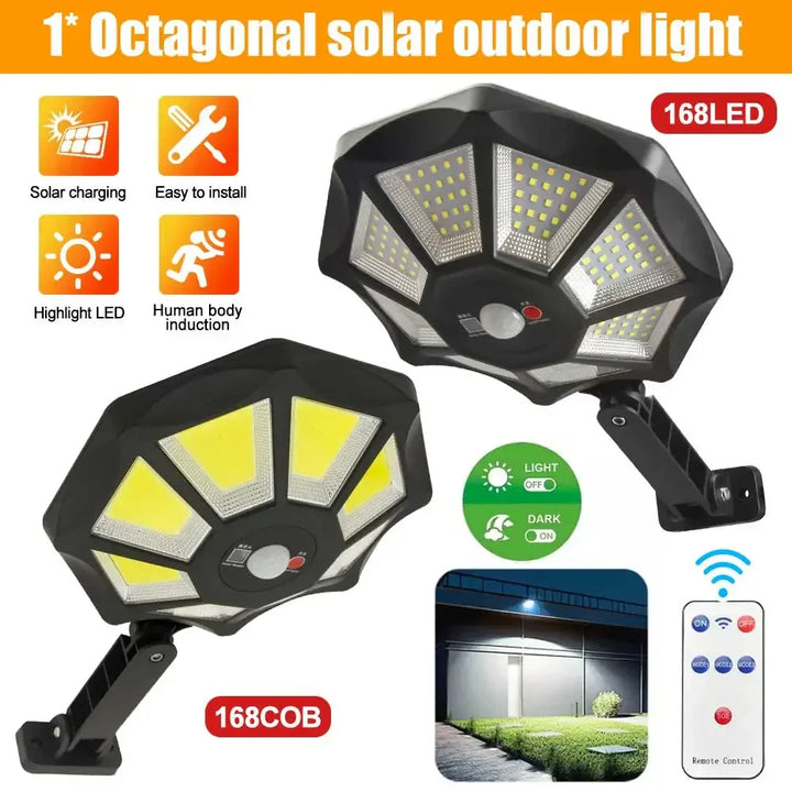 Wetterfeste IP65 LED Wandleuchte mit COB-Technologie, solarbetrieben, ideal für Garten und Fassade.