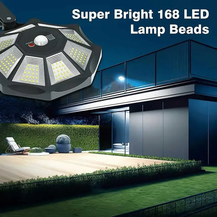 Leistungsstarke 360° Solar Wandleuchte mit Bewegungserkennung für optimale Garten- und Wegebeleuchtung.
