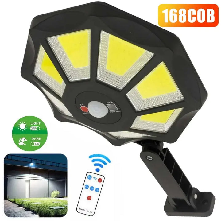 Solarleuchte mit 360° Bewegungsmelder, LED/COB, IP65 wetterfest für Garten, Wand und Außenbereich.