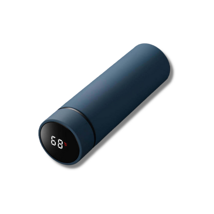 Moderne Edelstahl-Thermosflasche mit digitaler Temperaturanzeige; ideal für den mobilen Genuss warmer Getränke.