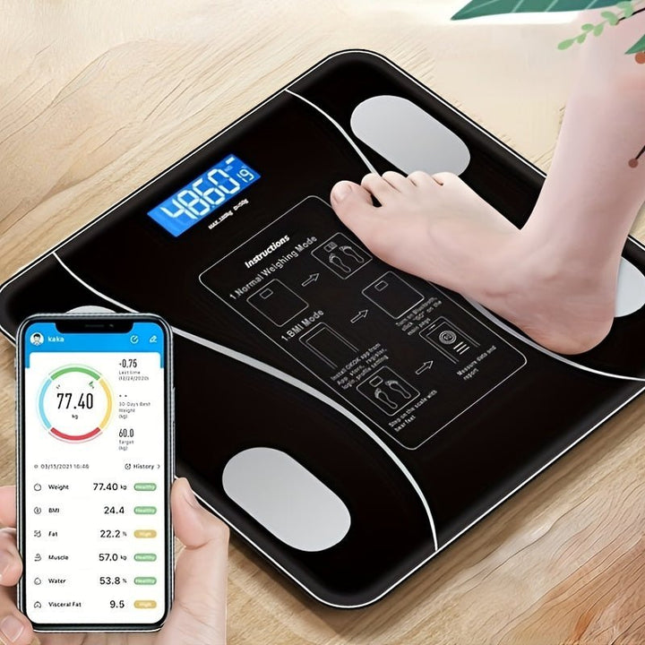 Intelligente Körperanalysewaage für präzise Gesundheitsmessung, Gewicht, Körperfett & Muskelmasse via Bluetooth.