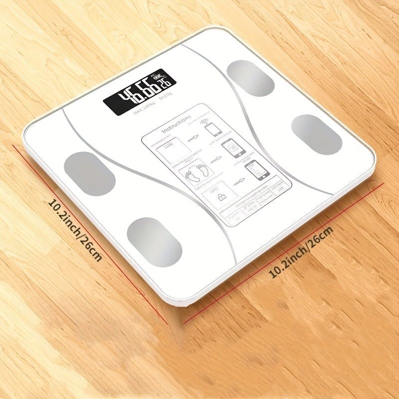 Smart Scale in Weiss mit Digitalanzeige, misst BMI, Körperfett, Muskelmasse. Perfekt für Fitness-Tracking.