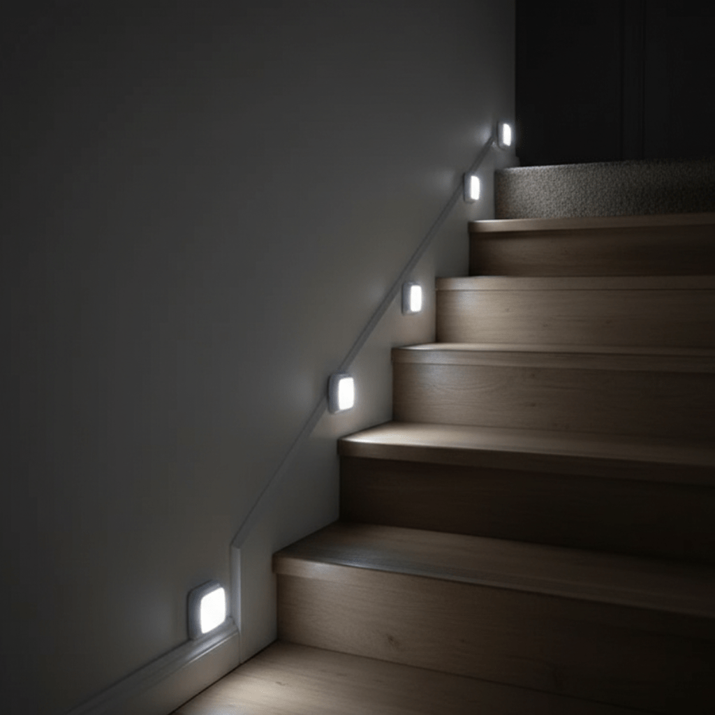 LED-Bettleuchte mit Bewegungssensor unter dem Bett montiert, spendet warmweißes Licht im Schlafzimmer und Flur.