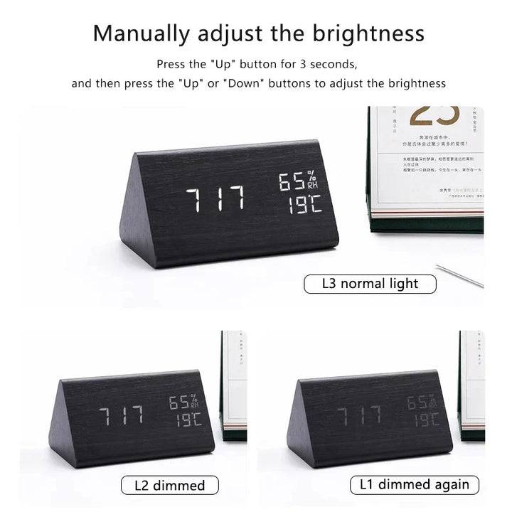 Geschenkidee: Intelligente LED-Holzuhr mit Sprachsteuerung, Wecker & Temperaturanzeige. Modernes Design.