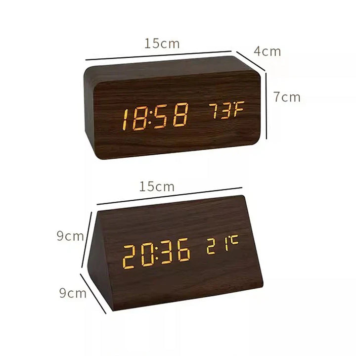 Nachttischuhr: Moderne LED-Holzuhr mit Digitalanzeige, Wecker, Temperatur & Sprachsteuerung. Holzoptik.