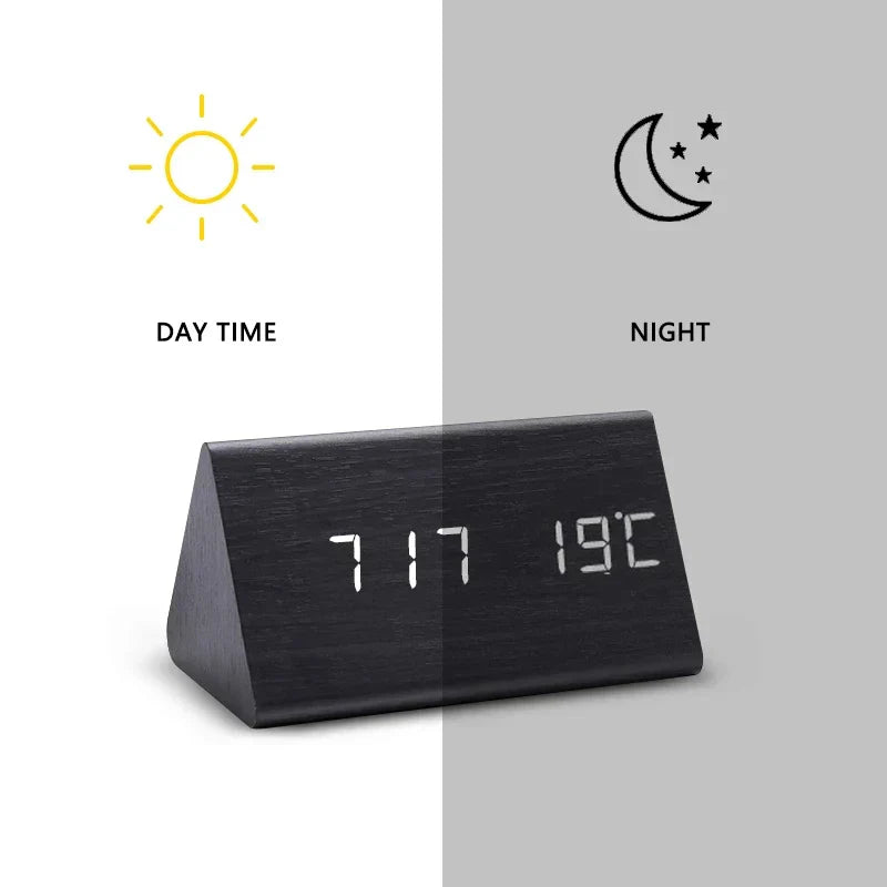 Dekorative LED-Holzuhr für Wohnzimmer, Digitalanzeige, Temperatur & Sprachsteuerung. Modernes Design.
