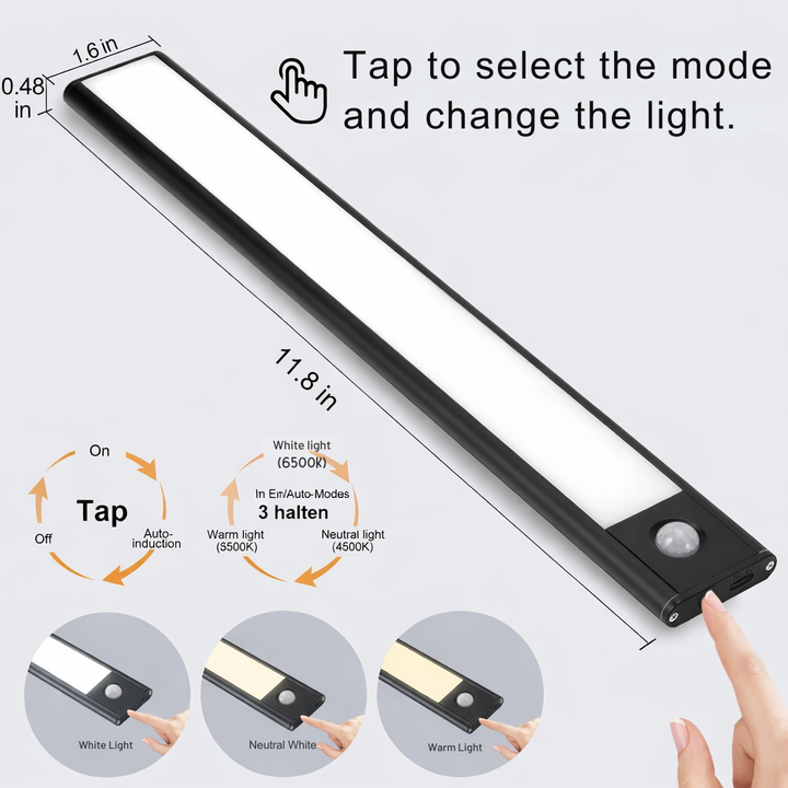 Dimmbare LED Sensorleuchte, kabellos & USB-aufladbar. Perfekt als Schranklicht oder Flurlicht mit Bewegungsmelder.