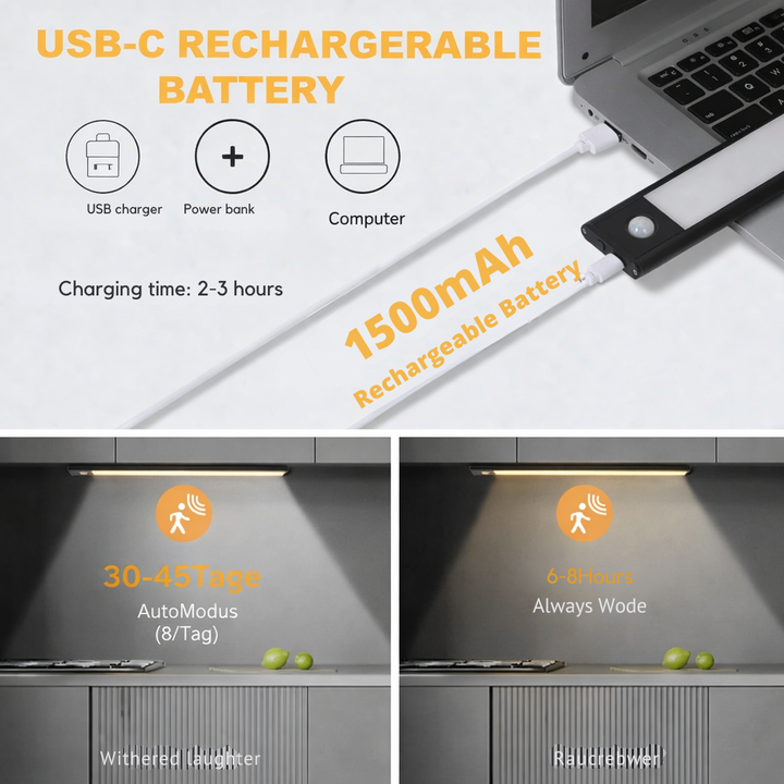 Einfache Installation: kabellose USB-LED Sensorleuchte mit Bewegungsmelder. Dimmbar für flexible Helligkeit.