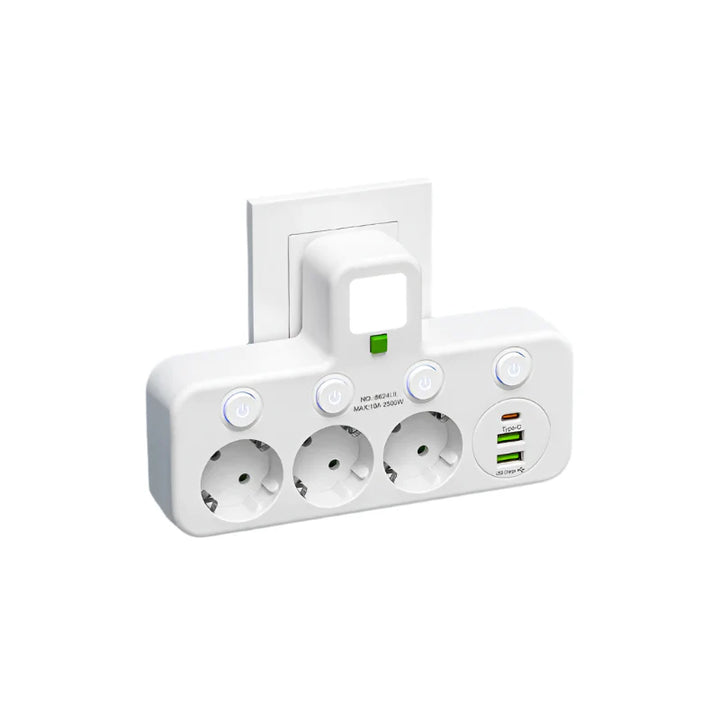 Intelligente Mehrfachsteckdose mit USB-A & Typ-C Anschlüssen, Überspannungsschutz, 2500W für Home Office.