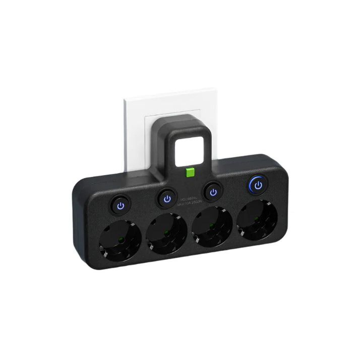 Smarte Steckdosenleiste, weiß, mit mehreren Schutzkontakt-Steckdosen, USB-A & Typ-C Ladeadaptern.