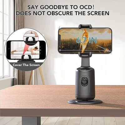 Automatische 360-Grad-Smartphone-Halterung mit KI-Tracking für einfache, dynamische Videoaufnahmen.