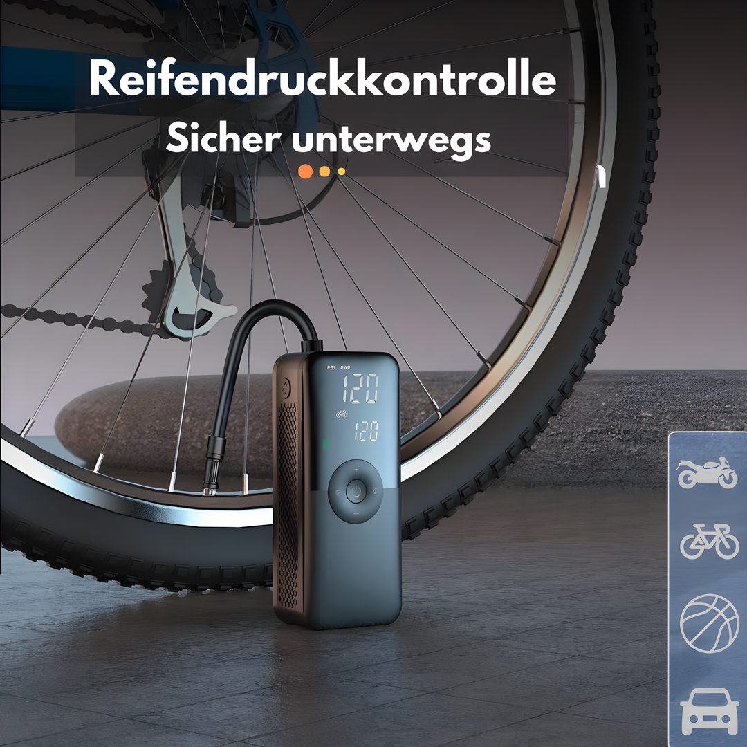 Intelligente tragbare Fahrradpumpe mit LCD-Display, präziser Druckanzeige für alle Reifen.