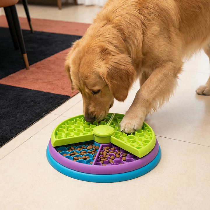 Intelligenter Beschäftigungs-Futternapf für Hunde & Katzen, fördert langsames Fressen & mentale Stimulation.