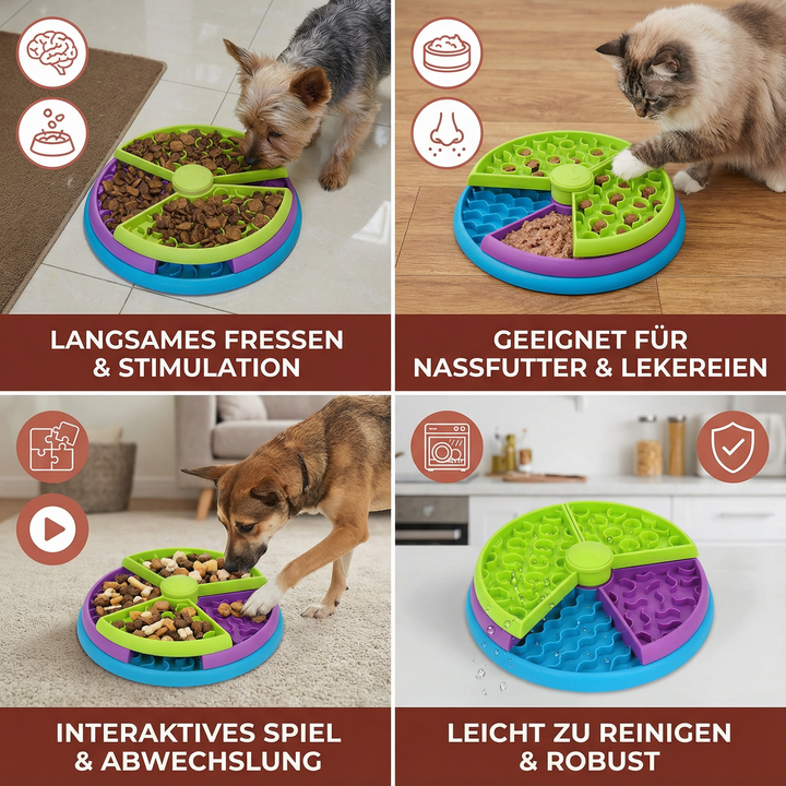 Anspruchsvoller Beschäftigungsnapf als Hundespielzeug & Katzenspielzeug, fördert Konzentration & Spielspaß.