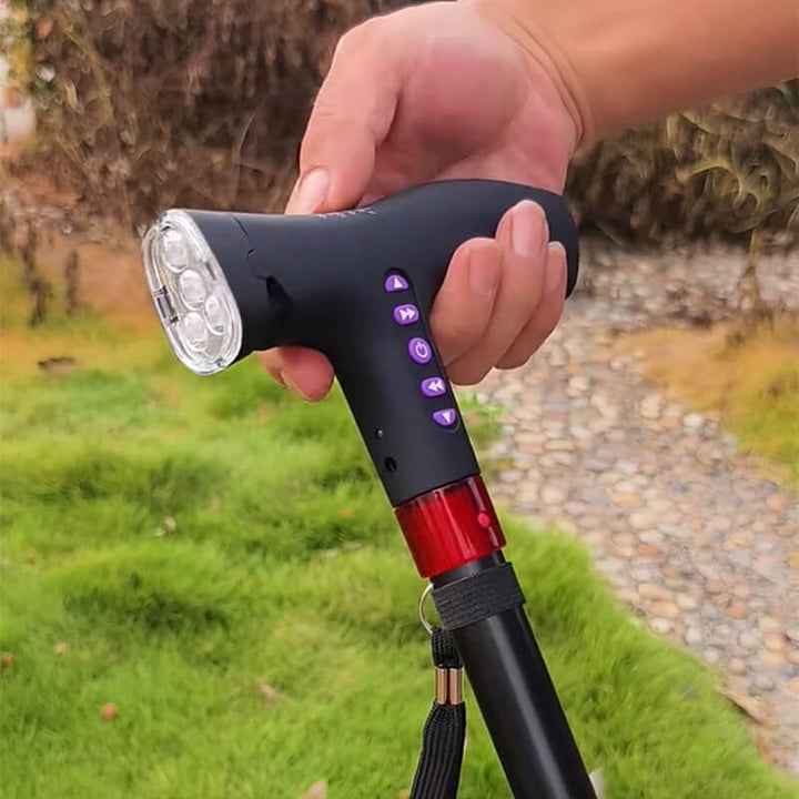 Multifunktionaler Gehstock mit Sturzalarm, Radio und LED-Licht; sichere Gehhilfe, ideal für unterwegs.