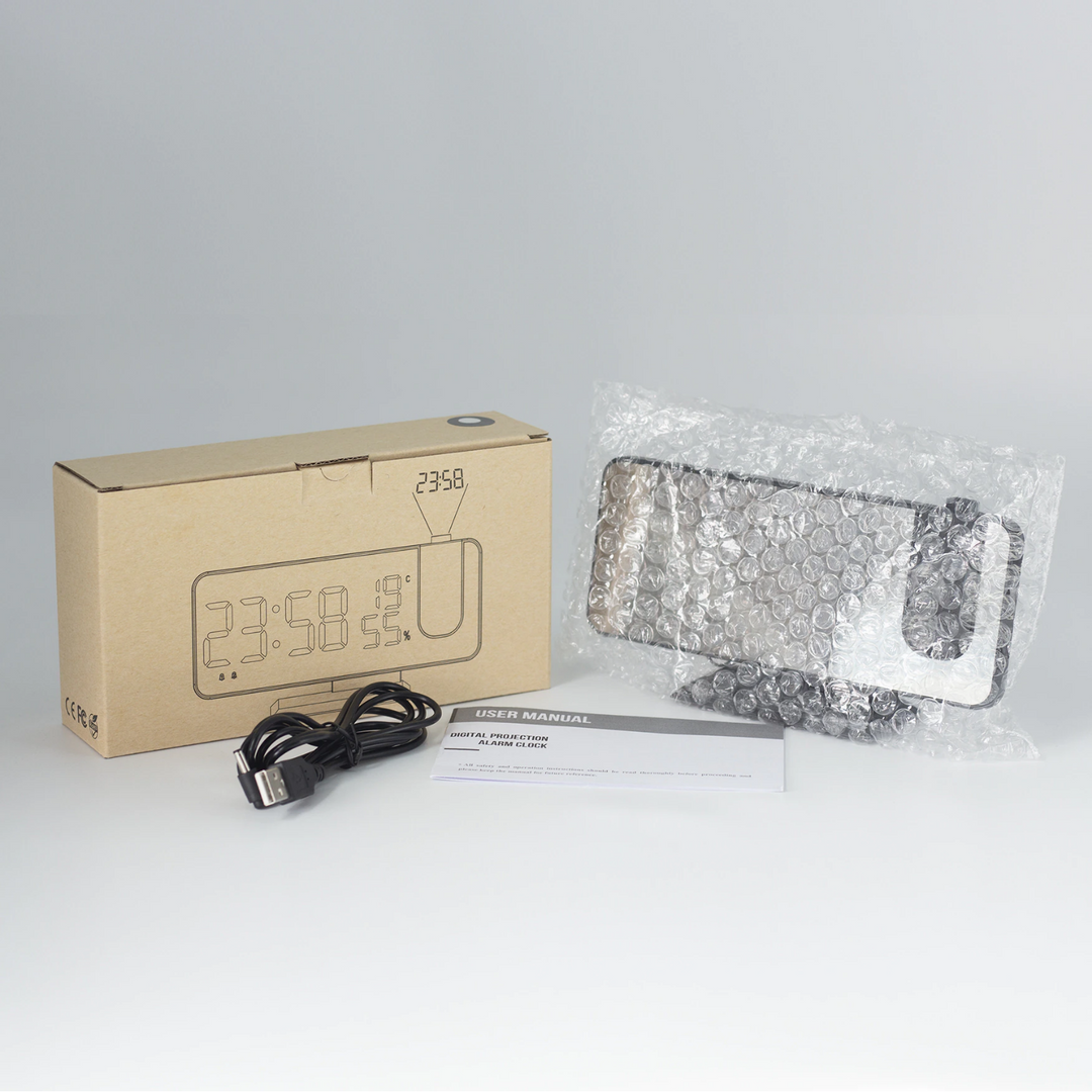 Eleganter Smartwecker für das moderne Zuhause, mit LED-Display, Projektor und integriertem USB-Ladegerät.