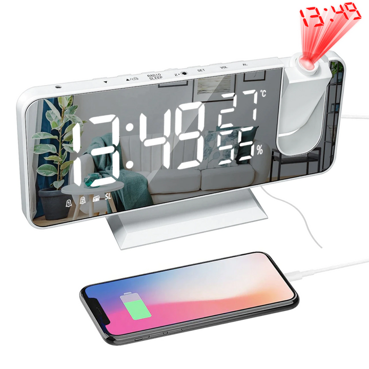 Multifunktionaler LED-Wecker mit 180°-Projektor, USB-Port und klarer Zeitanzeige für den Nachttisch.