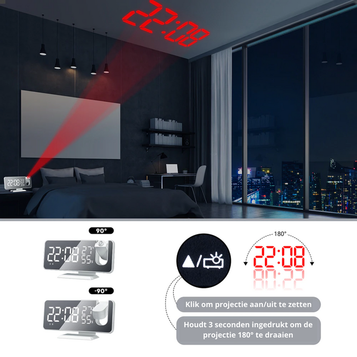 Kompakter Digitalwecker mit hellem LED-Display, Projektionsfunktion und USB-Ladestation, schwarz.