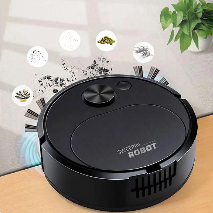 Intelligenter Saugroboter in Schwarz reinigt mühelos Hartböden und Teppiche. Ideal für automatisierte Reinigung im Smart Home.