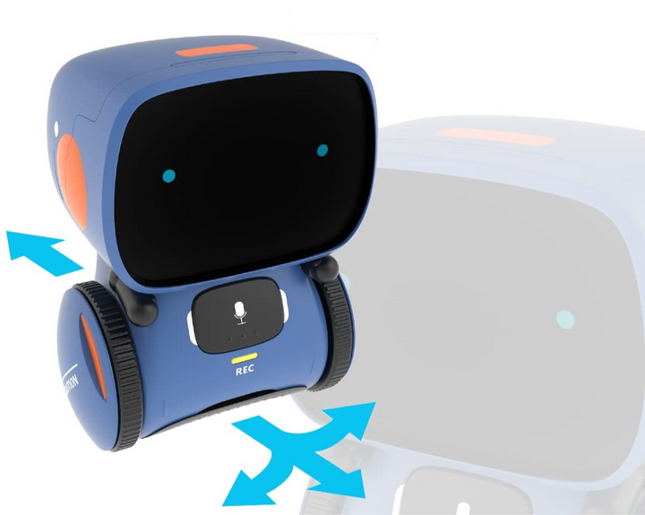 Detailansicht des intelligenten Spielzeug Roboters mit leuchtenden Augen und freundlichem Gesicht.