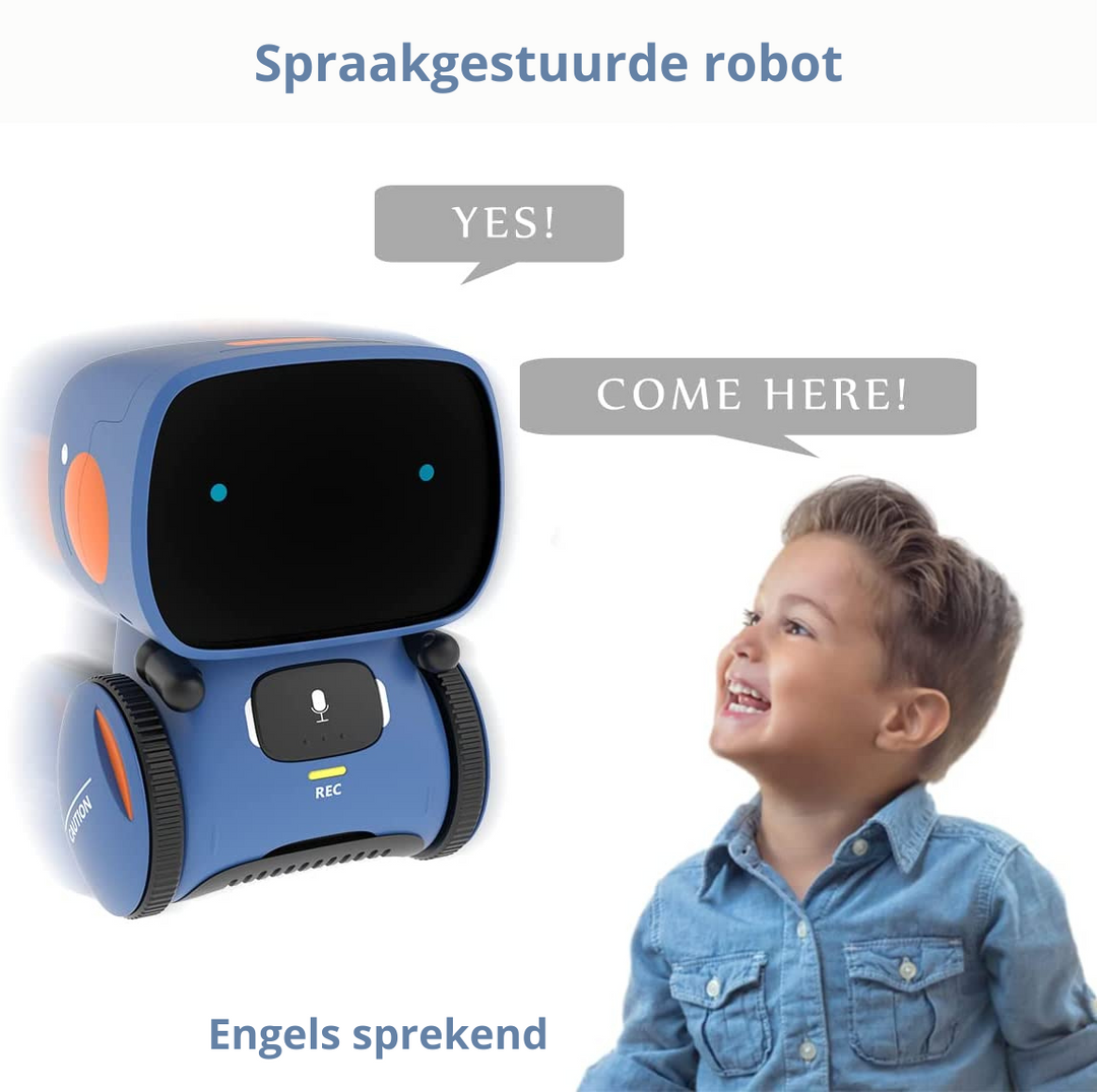 Intelligenter Spielzeug Roboter auf einem Teppich, bereit zum Tanzen und Spielen.