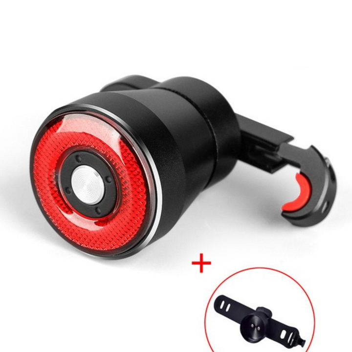 Modernes Fahrrad-Rücklicht, USB aufladbar, mit Bremslichtfunktion und Sensor für optimale Fahrradbeleuchtung.