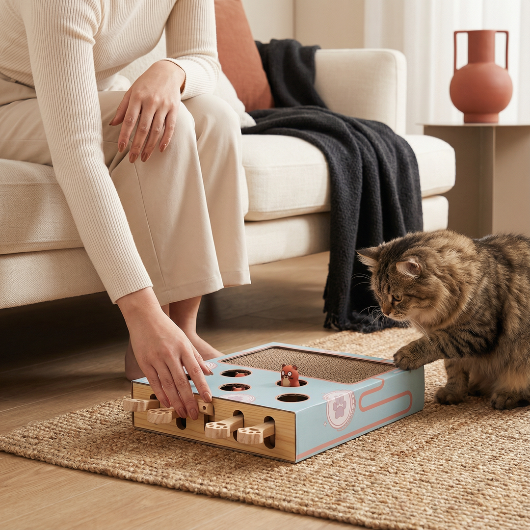 Interaktive Kratz- & Spielbox für Katzen. Robustes Katzenspielzeug mit integriertem Kratzbrett für Aktivität.