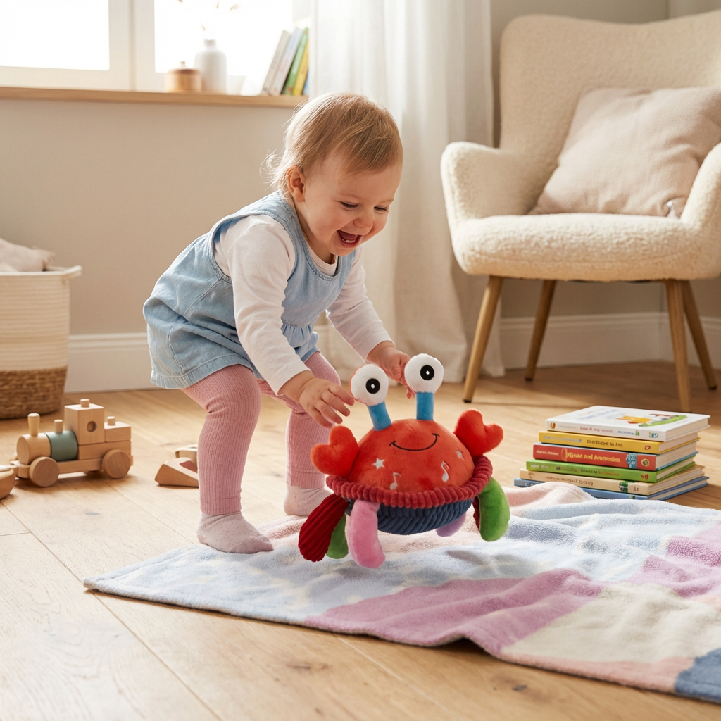 Interaktive Musikkrabbe als Lernspielzeug für Babys, fördert Motorik & Sinneswahrnehmung durch Bewegung.