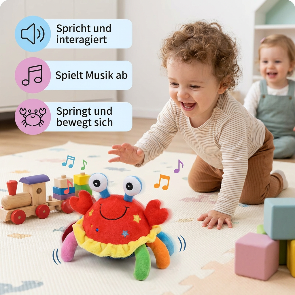 Lustige Musikkrabbe als Krabbelspielzeug für Babys, wiederaufladbar, mit Lichtern & Melodien für Spielspaß.