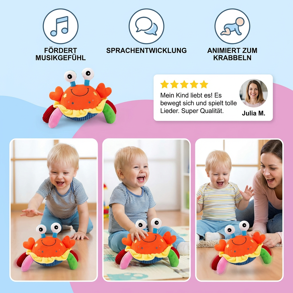 Farbenfrohes interaktives Babyspielzeug: Musikkrabbe für Kleinkinder, stimuliert frühkindliche Entwicklung.