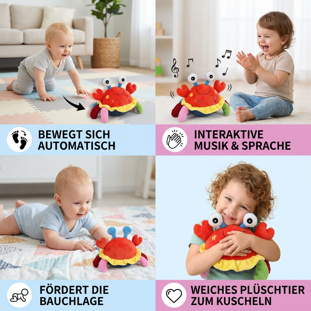 Bewegendes Lernspielzeug: Musikkrabbe für Babys, ideal zur Motorikförderung und Sinneswahrnehmung.