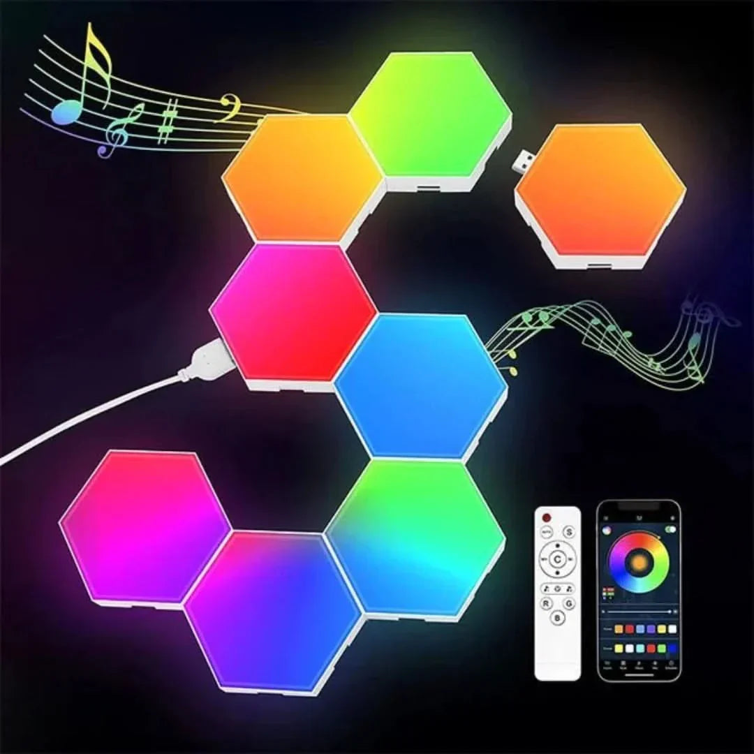 Vielseitige RGB GlowHex LED-Beleuchtung, interaktiv & sechseckig, ideal als smartes Stimmungslicht für modernes Wohnen.