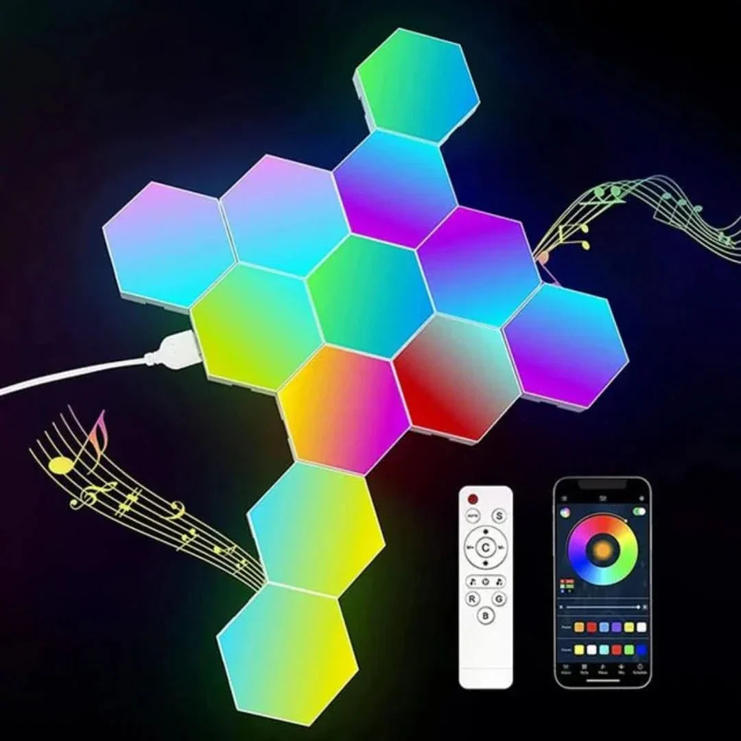 Smartes interaktives GlowHex Sechseck LED-Lichtsystem, wandmontierbar, für dynamisches Ambiente und modernes Home Decor.