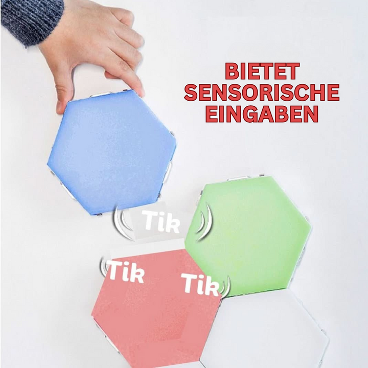 Nahaufnahme der GlowHex LED-Paneele, sechseckig, mit sanftem RGB-Licht erzeugt interaktives, stimmungsvolles Ambiente.