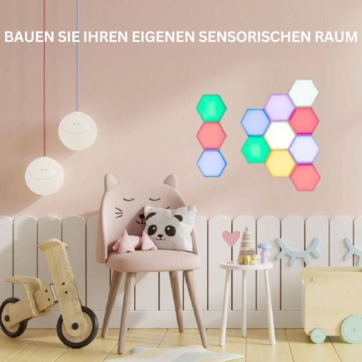GlowHex Sechseck LED-Wandbeleuchtung schafft interaktives RGB-Ambiente und modernes Designlicht im Wohnbereich.