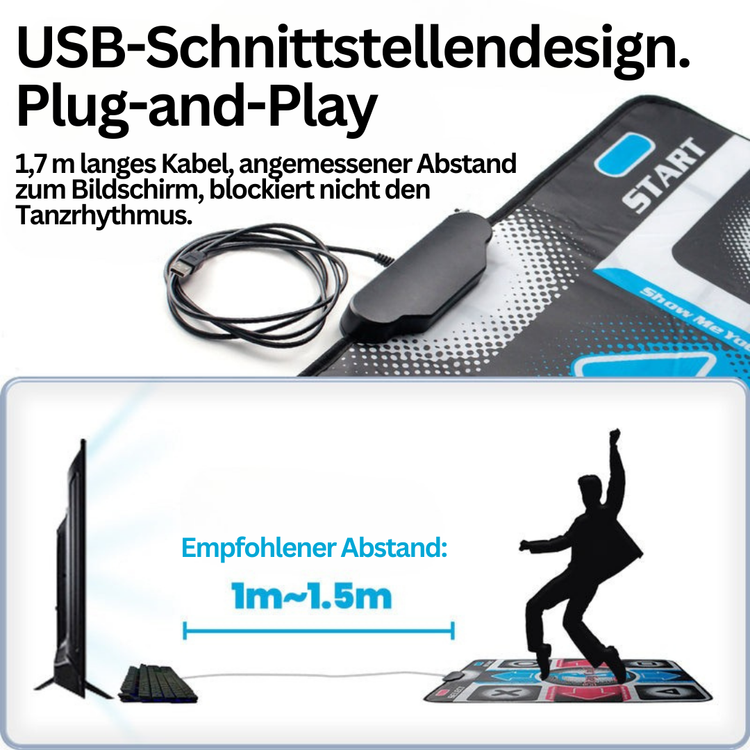 Familie hat Spaß mit der interaktiven Tanzmatte; gemeinsames Sportspiel für Kinder & Erwachsene.