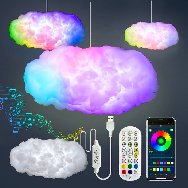 App-gesteuerte LED Wolkenlampe Nimbuson mit interaktiver Blitzfunktion und farbwechselndem RGB-Musiklicht.