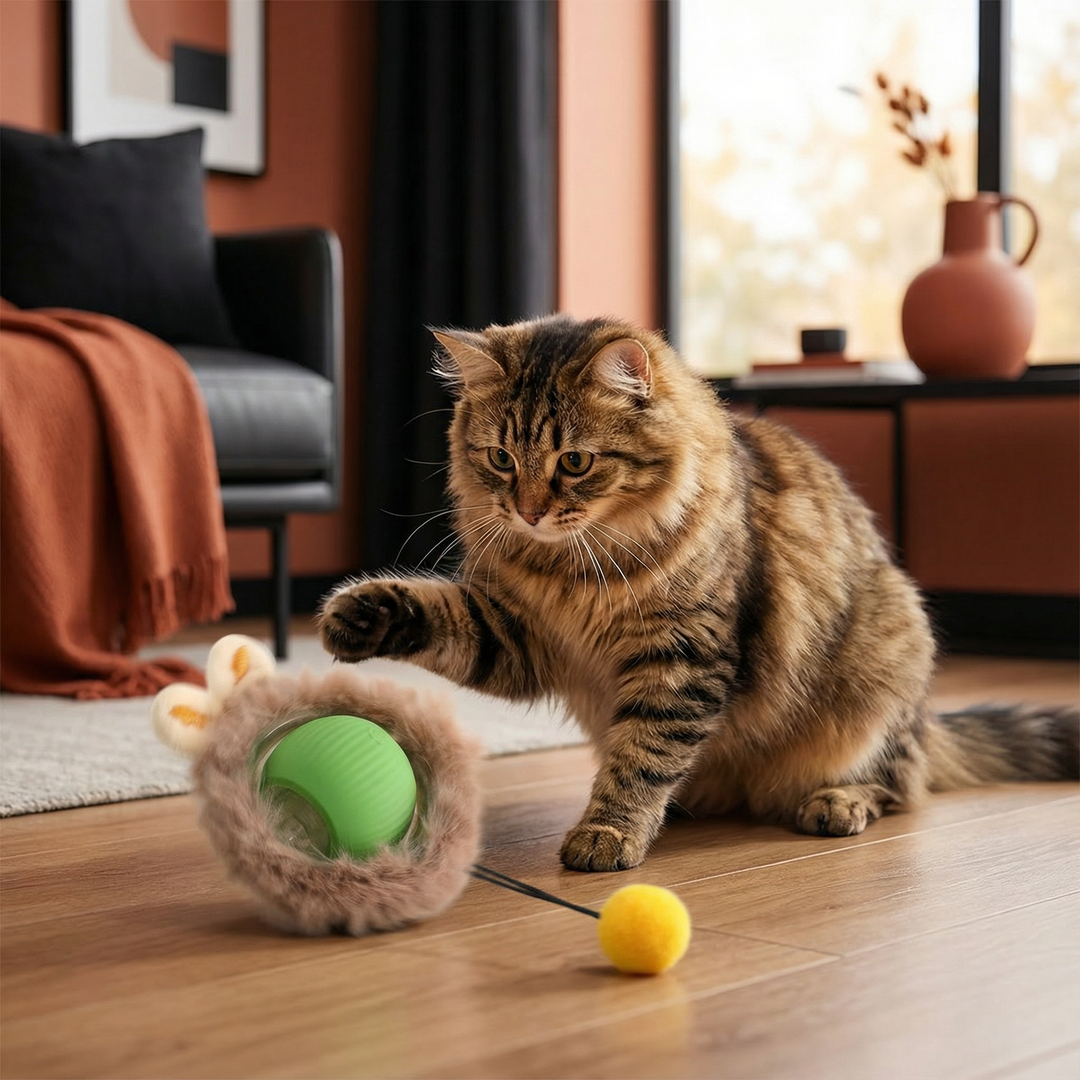 Interaktiver Fellball für Katzen, weich und animierend, fördert den Jagdinstinkt.