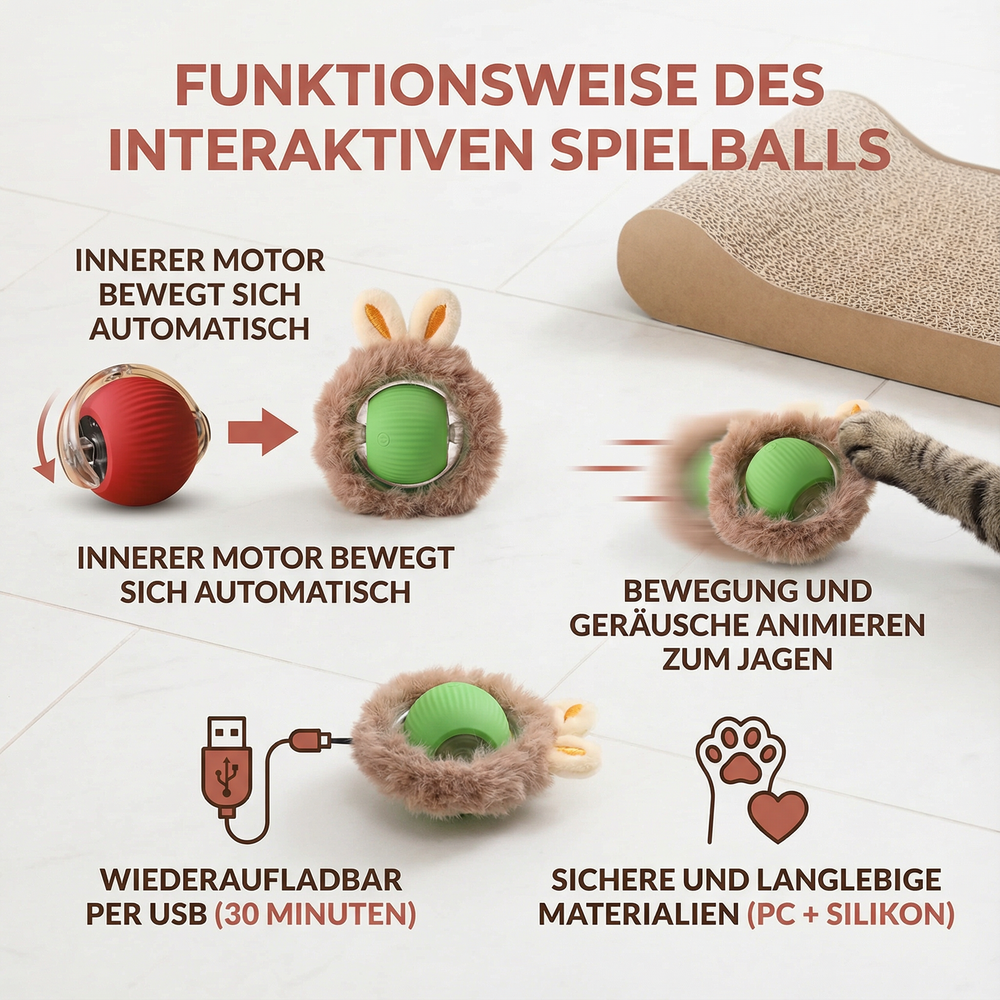 Automatischer Katzenspielball aus weichem Fell, interaktives Spielzeug für Aktiverung.