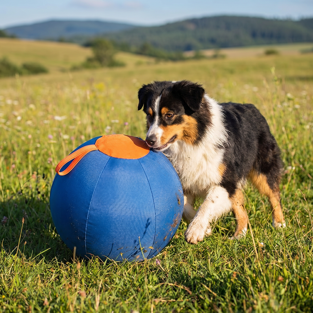 Robustes Hundespielzeug: Interaktiver Hüteball in Aktion, ideal für aktive Hunde und Energiebewältigung.