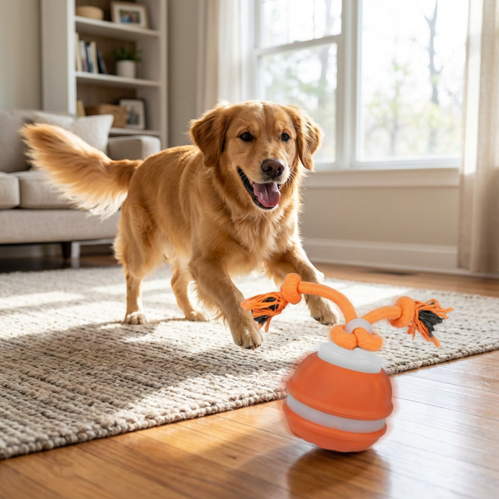 Interaktiver Hunde Spielball mit Zerrseil für Beschäftigung & Zahnpflege. Robustes Kauspielzeug mit Bewegungssensor.