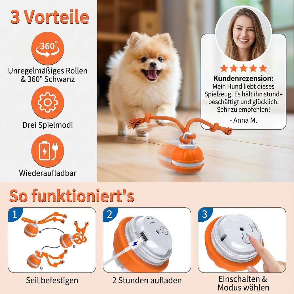 Robustes Hundespielzeug: Interaktiver Spielball mit Zerrseil fördert Energieabbau & beugt Langeweile vor.
