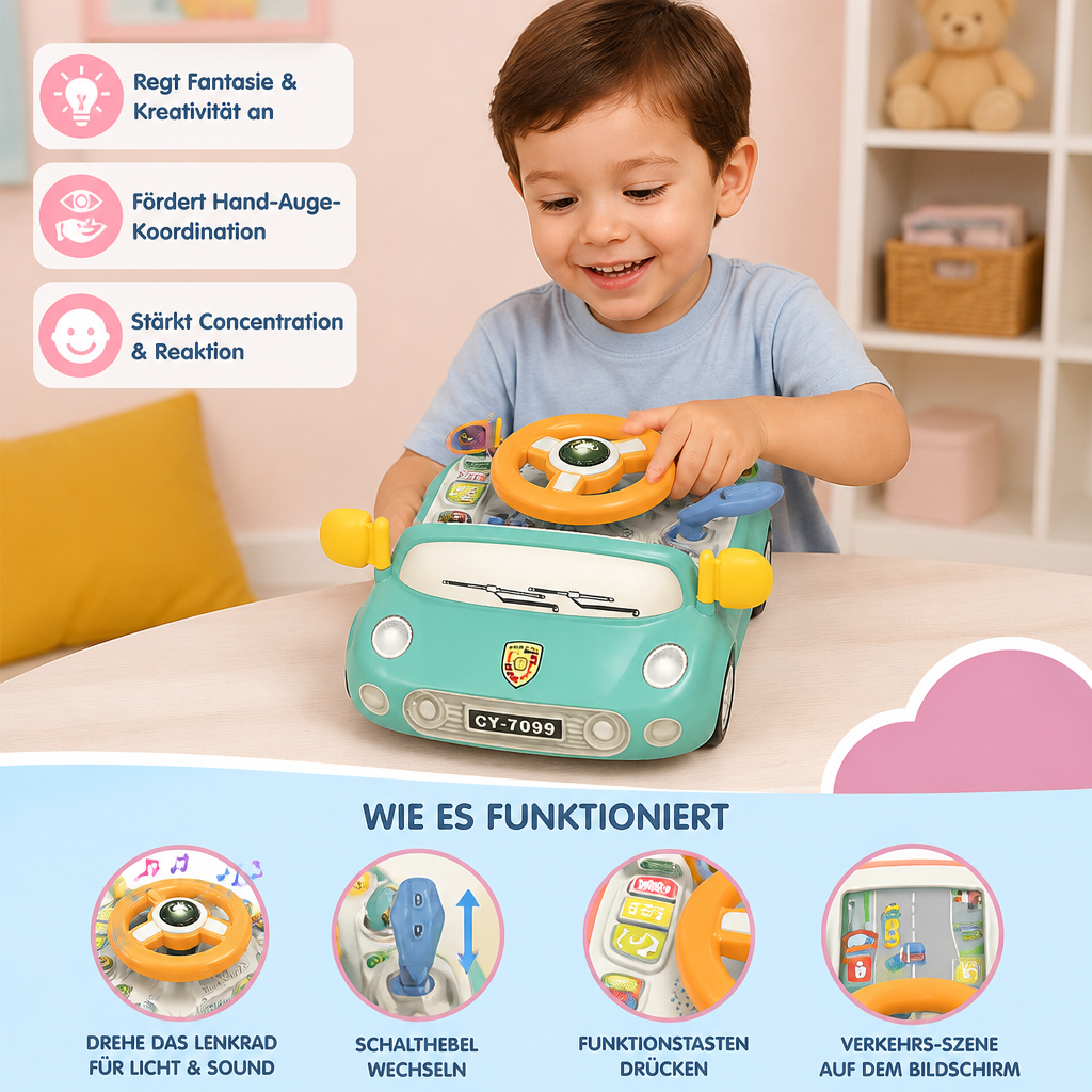 Lernspielzeug Fahrsimulator für Kinder, fördert Motorik, Hand-Auge-Koordination & frühe Bildung. Interaktiv.