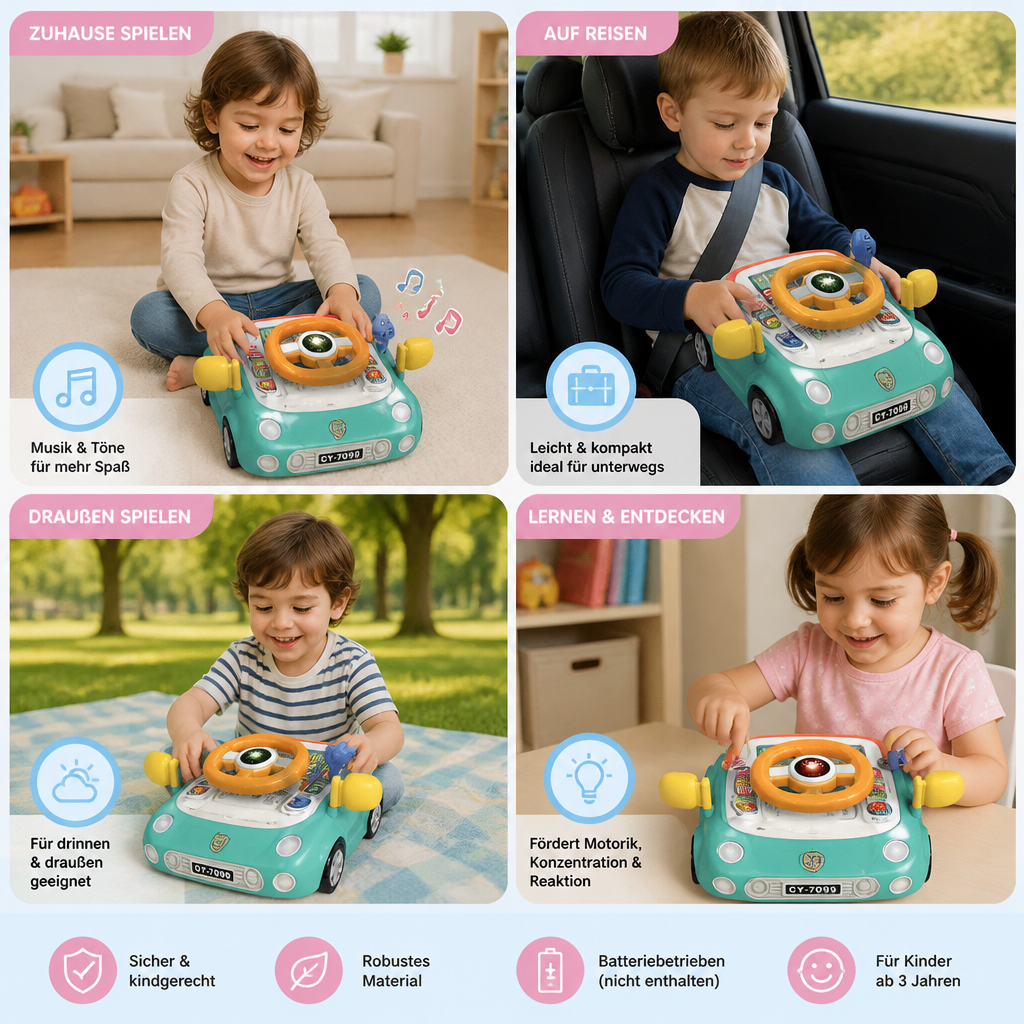 Kinderspielzeug Lenkrad Fahrsimulator, interaktiv mit Tasten & Display für realistische Fahrerlebnisse zu Hause.
