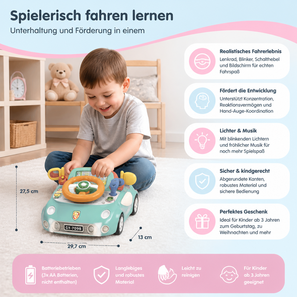 Fahrsimulator für Kinder, Lernspielzeug zur Förderung von Hand-Auge-Koordination, Motorik & Konzentration.