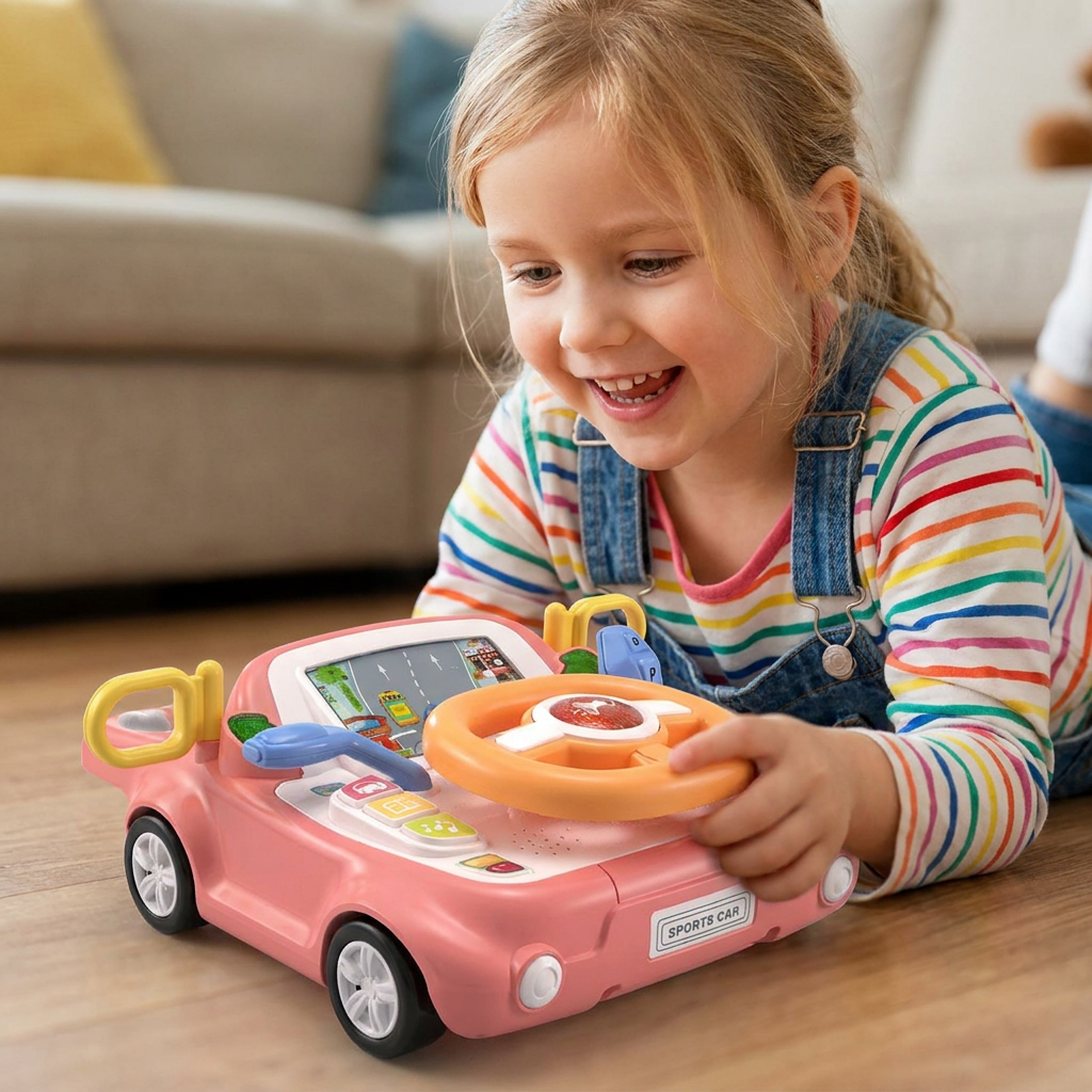 Interaktiver Kinder-Fahrsimulator. Frühförderung durch spielerisches Lenken & Entdecken mit Spaß.